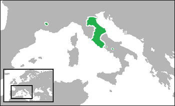 Map of the Papal States (green) in 1700, including its exclaves of Benevento and Pontecorvo in Southern Italy, and the Comtat Venaissin and Avignon in Southern France.