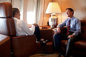 President Barack Obama talks with Sen. Evan Bayh (D-Ind.) aboard Air Force One during the flight to Wakarusa, Ind. for a speech at Monaco RV manufacturing, on Aug. 5, 2009