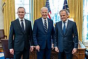 President Joe Biden meets with President Andrzej Duda and Prime Minister Donald Tusk of Poland in the Oval Office
