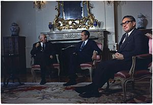 President Richard Nixon, British Prime Minister Harold P. Wilson, and Henry Kissinger at the U.S. Embassy Residence in Brussels, Belgium