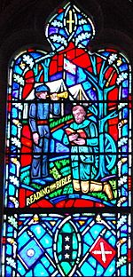Stonewall Jackson with the flag of the Confederate States in art in a stained glass window of the Washington National Cathedral detail, from- Stonewall Jackson Stain Glass (cropped)