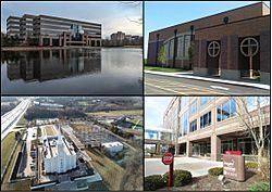 From top left, left to right: Office building, Westminster Christian Academy, St. Louis Missouri Temple, Energizer Holdings headquarters