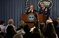 US Navy 031002-F-2828D-227 Secretary of Defense, Donald H. Rumsfeld responds to a reporter's question during a Pentagon press briefing