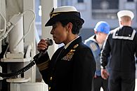US Navy 091222-N-2564M-106 Rear Adm. Michelle Howard commends the crew of USS Wasp (LHD 1) during ship's return to Norfolk