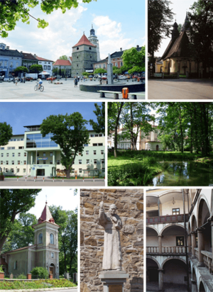 Top left: Market square with cathedral bell towerTop right: Holy Cross ChurchMiddle left: Beskid Wyzsza UniversityMiddle right: Zamkowy ParkBottom left: Saint Mark ChurchBottom middle: Monument of Pope John Paul IIBottom right: Habsburg Palace