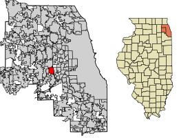 Location of Hinsdale in DuPage County and Cook County, Illinois.