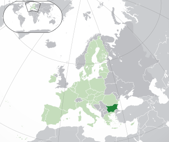 Location of  Bulgaria  (green)– on the European continent  (light-green & grey)– in the European Union  (light-green)  —  [Legend]