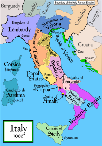 Italy in 1000. The Emirate of Sicily is in light green.