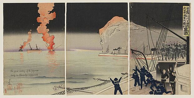 Kiyochika (1904) Nichiro Jinsenk-o kaisen dai Nihon kaigundaishōri Banzai