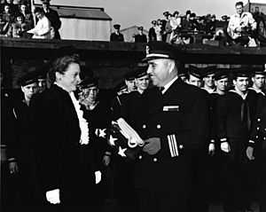 LCdr. Commander Ernest E. Evans, U.S. Navy, at the commissioning ceremonies of USS Johnston (DD-557) at Seattle, Washington (USA), on 27 October 1943 (NH 63499)