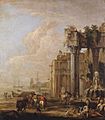 Luca Carlevarijs - A Seaport with a Fountain and Ruins