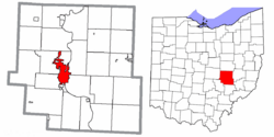 Location of Zanesville in Muskingum County and the State of Ohio