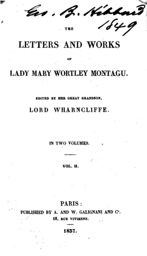 The Letters and Works of Lady Mary Wortley Montagu, 1837