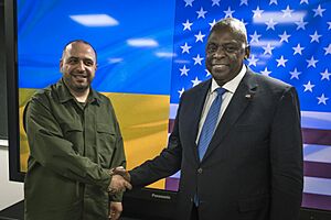 United States Secretary of Defense Lloyd Austin meets with Ukrainian Minister of Defense Rustem Umerov during his visit to Kyiv, Ukraine on 20 November 2023
