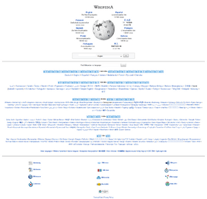 Wikipedia's homepage with links to many languages.