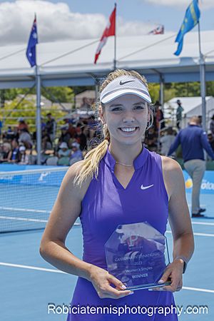 00001Canberra- 7 January 2023 – Britain's Katie Boulter after winning the final at the Canberra International tournament. Photo by Rob Keating, http---robiciatennisphotography.com2023