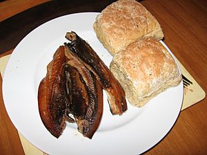 A plate of smoked kippers.JPG