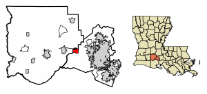 Location of Duson in Acadia and Lafayette Parishes, Louisiana.