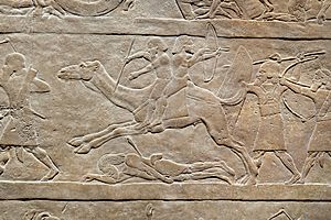 Assyrians pursue Arabs on camelback. Ashurbanipal, North Palace of Nineveh. 660-650 BCE
