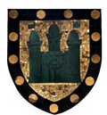 The town's coat of arms, a castle surrounded by 13 solid gold circles or heraldic bezants.