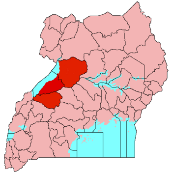Location of  Bunyoro  (red)in Uganda  (pink)