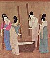 Court ladies pounding silk from a painting (捣练图) by Emperor Huizong
