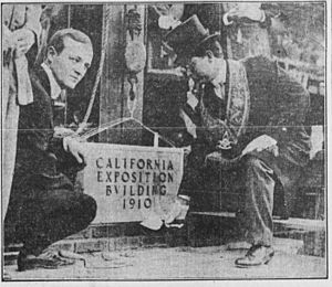Dana R. Weller and Paul Engstrom laying cornerstone in Exposition Park, Los Angeles, 1910