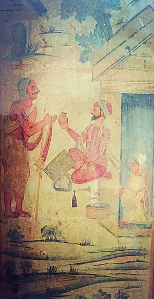 Fresco artwork depicting a lifestory of Bhagat Ravidas from Pothi-Mala, Guru Harsahai, Punjab