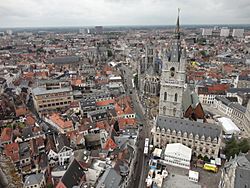 View of Ghent from the Cathedral with Belfry of Ghent and Saint Nicholas church visible