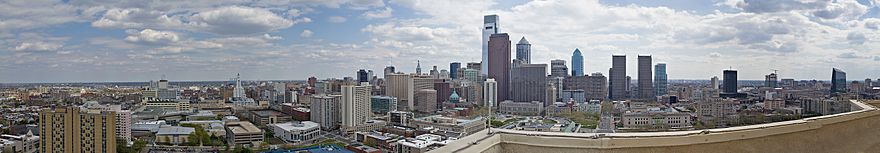 A panorama of Logan Square taken from the roof of City View Condominium (2001 Hamilton St.). Spring Garden runs along the left side; at center is the Cathedral Basilica, Logan Circle, and the Franklin Institute. 30th Street Station, to the far right across the river, is not part of Logan Square.