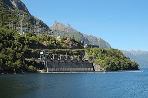 Manapouri power station at Lake Manapouri in the afternoon