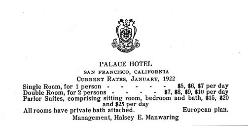 Palace Hotel 1922 Rate Card