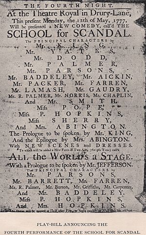Playbill For Sheridan's The School For Scandal