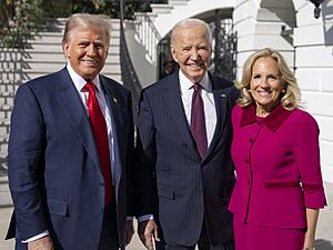 President Joe Biden and First Lady Jill Biden greet President-elect Donald Trump, Wednesday, November 13, 2024, on the South Portico of the White House (cropped)