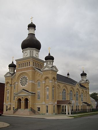 Saint Nicholas Ukrainian Catholic Church (Watervliet, New York) - front looking northeast.JPG