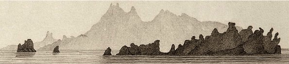 Livingston Island from Drake Passage, with Desolation Island in the foreground (1822 illustration)