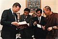 Tenzin Gyatso, the 14th Dalai Lama of Tibet on 16 April 1991 detail, from- President George H.W. Bush with Lodi Gyari, Tenzing N. Tethong and His Holiness the Dalai Lama in 1991 (cropped)