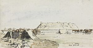 The Citadel of Homs. Homs, a desert town between Damascus and Aleppo. the Australian Light Horse are bivouacked in the foreground. Art.IWMART1578