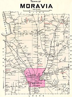 Town of Moravia, NY with the village of Moravia highlighted, 1904