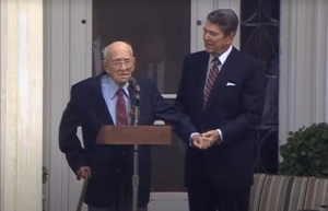 Alf Landon meets Ronald Reagan on his 100th birthday