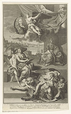 Allegorie op de geschiedenis van Groot-Brittannië met het portret van Isaac de Larrey Titelpagina voor Isaac de Larrey, Histoire d'Angleterre, 1713, RP-P-1950-845-184