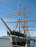 Port bow view of the square-rigged sailing ship "Balclutha", Hyde Street Pier, San Francisco Maritime National Historic Park.