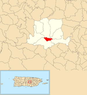 Location of Barranquitas barrio-pueblo within the municipality of Barranquitas shown in red