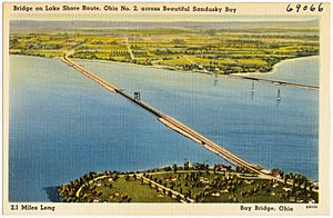 Bridge on lake shore route, Ohio No. 2, across beautiful Sandusky Bay, 2.1 miles long, Bay Bridge, Ohio (69066)