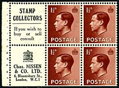 British 1936 KEVIII 1½d stamp booklet advertising pane