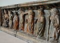 Christ on the cross, flanked by the Virgin and St. John the Evangelist and 4 other saints. Retable. Painted limestone. From Burgundy, France, c. 1450-1500 CE. The Burrell Collection, Glasgow