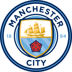 A rounded badge depicting a shield containing a ship, the Lancashire Rose, and the three rivers of Manchester.