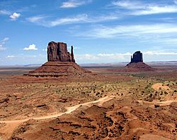 Two distinctive geological features found within the Monument Valley Navajo Tribal Park in northeast Navajo County, Arizona near Monument Valley, UT