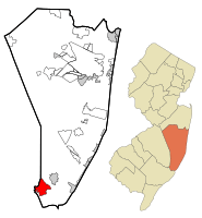 Map of Mystic Island in Ocean County. Inset: Location of Ocean County in New Jersey.