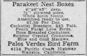 Palos Verdes Bird Farm classified advertisement 1953
